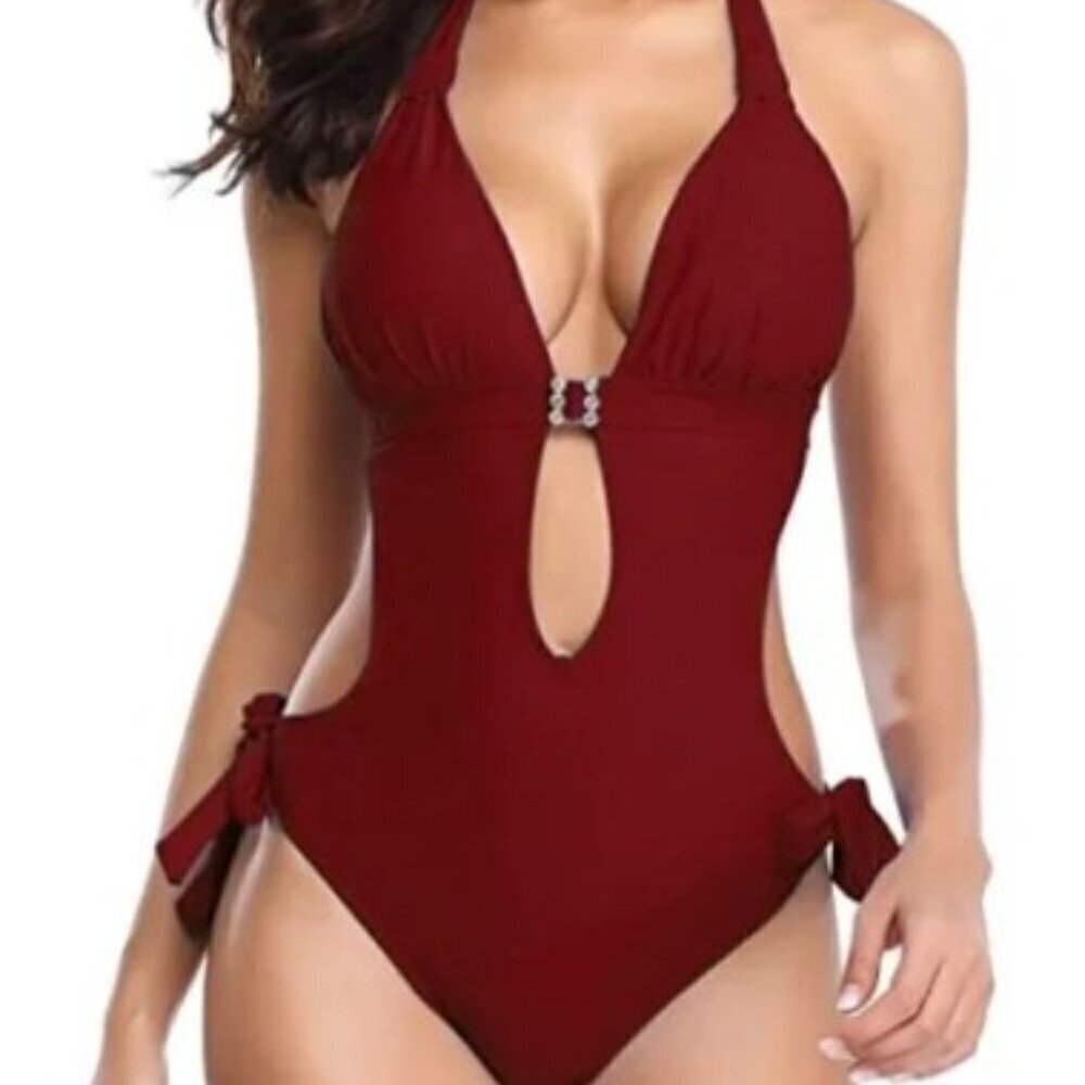 New Wine Plunge Rhinestone Cutout One-Piece Swimsuit